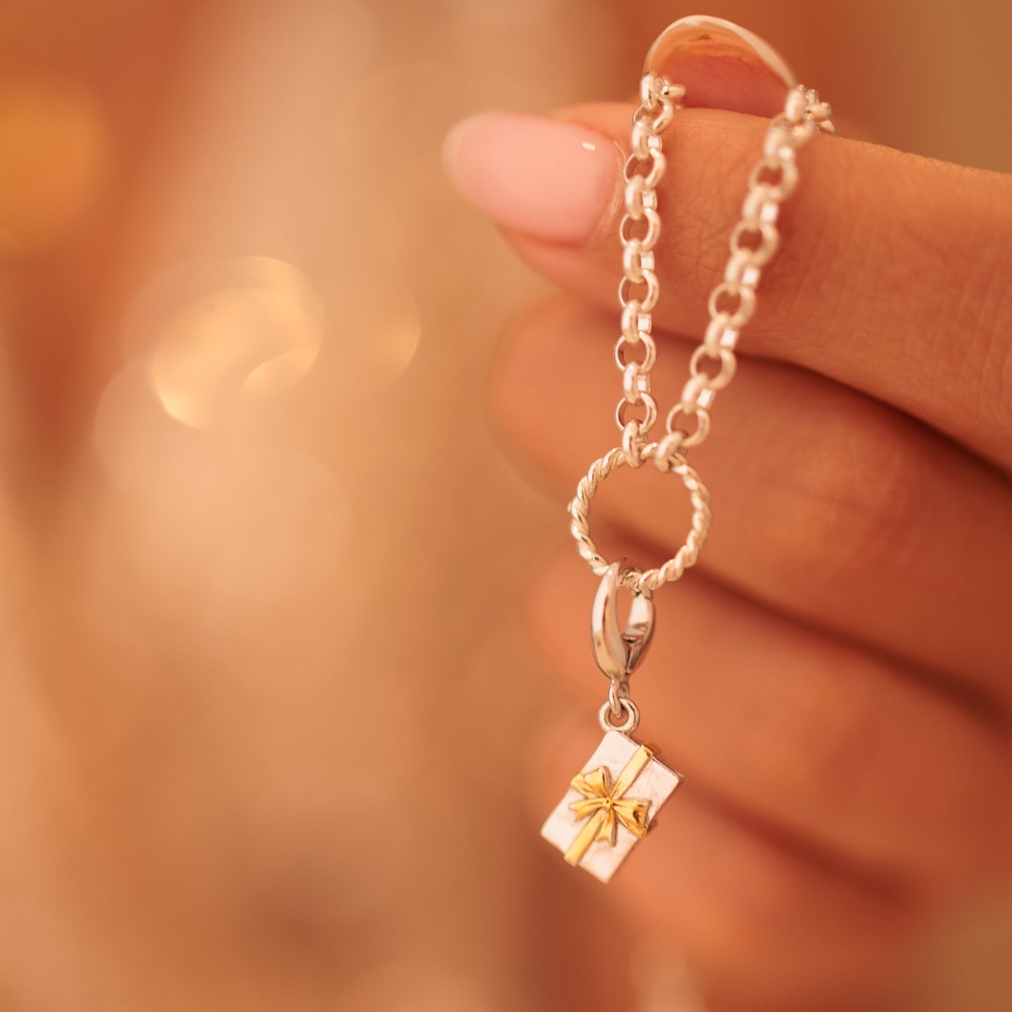 Silver Christmas Present with Gold Bow Charm