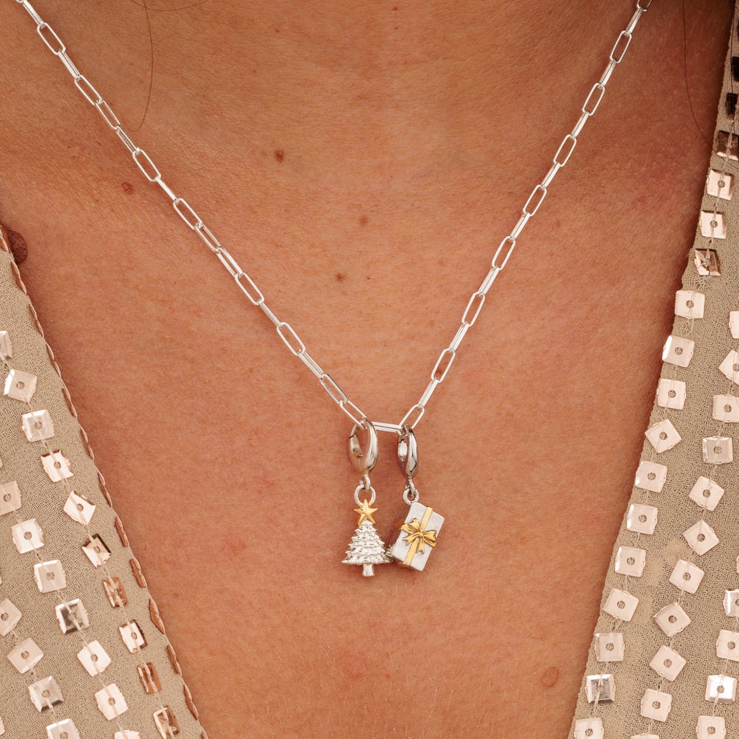 Silver Christmas Present with Gold Bow Charm