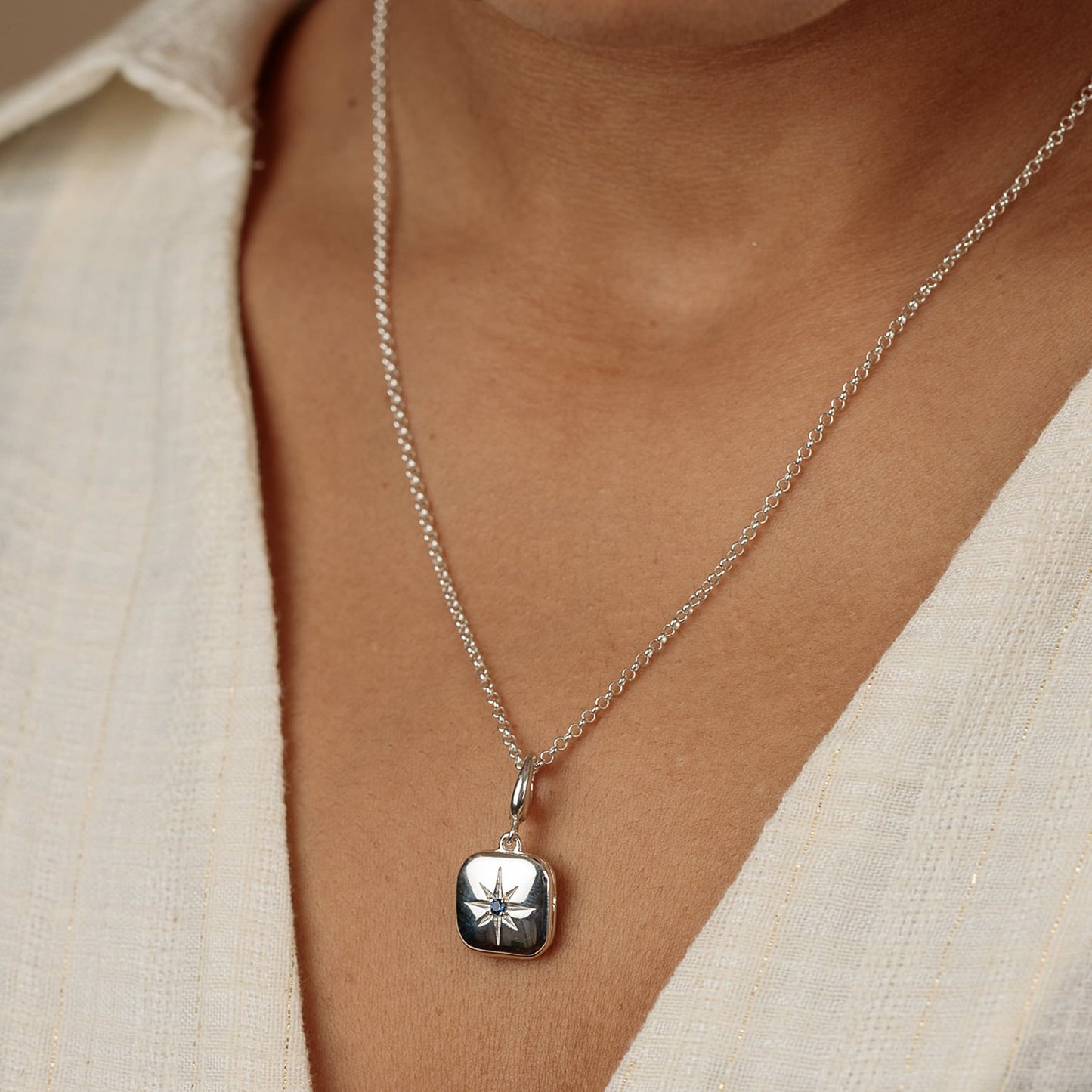 Silver Star Locket Charm with Blue Stone