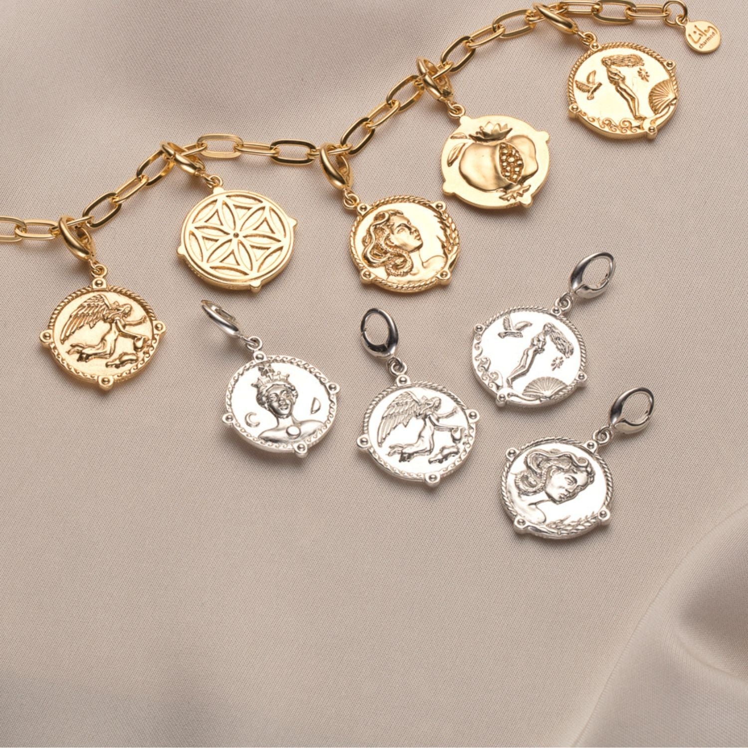 Goddess Charms in Silver & Gold on Charm Bracelet