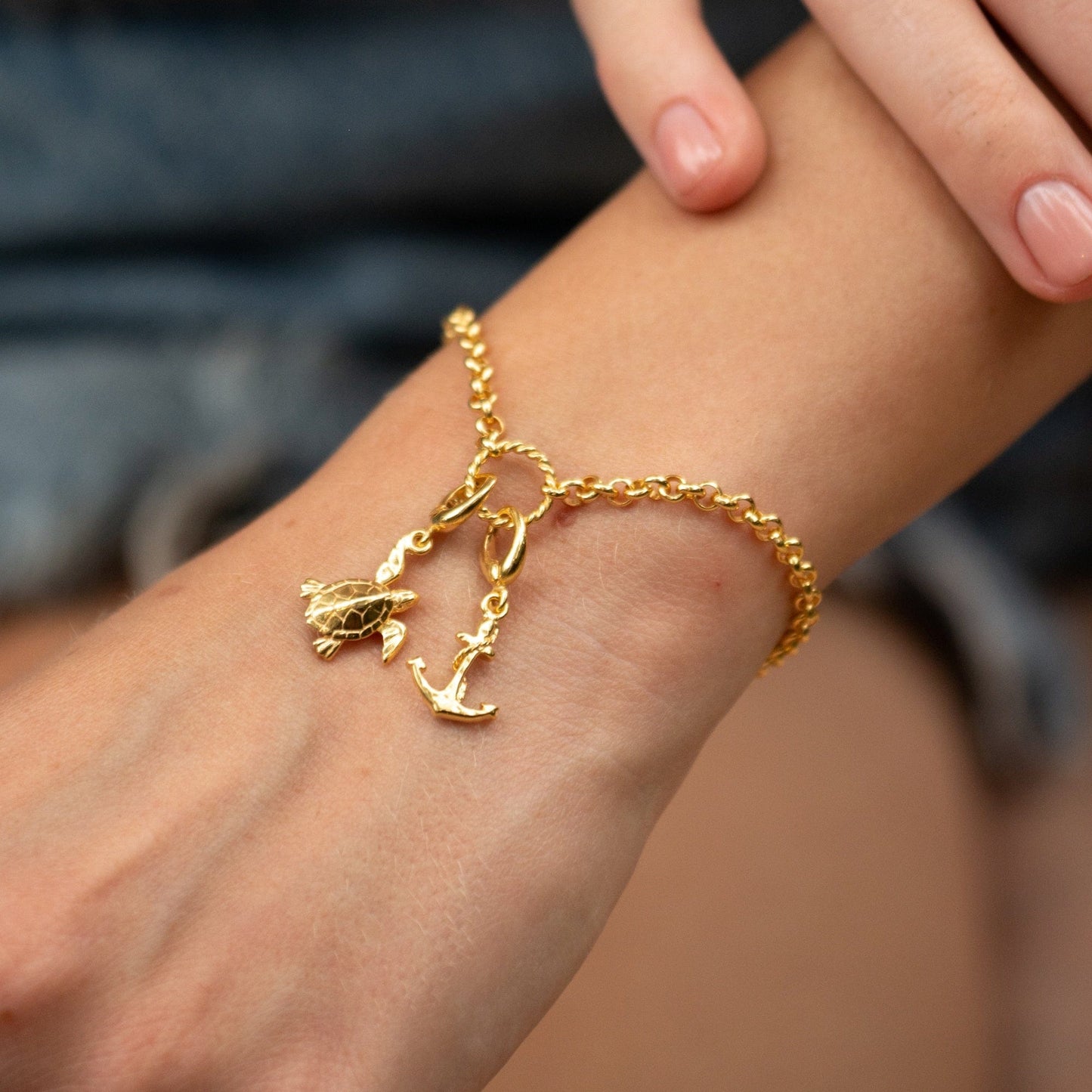 Gold Eternity Twist Charm Bracelet with Turtle and Anchor Charms | Lily Charmed