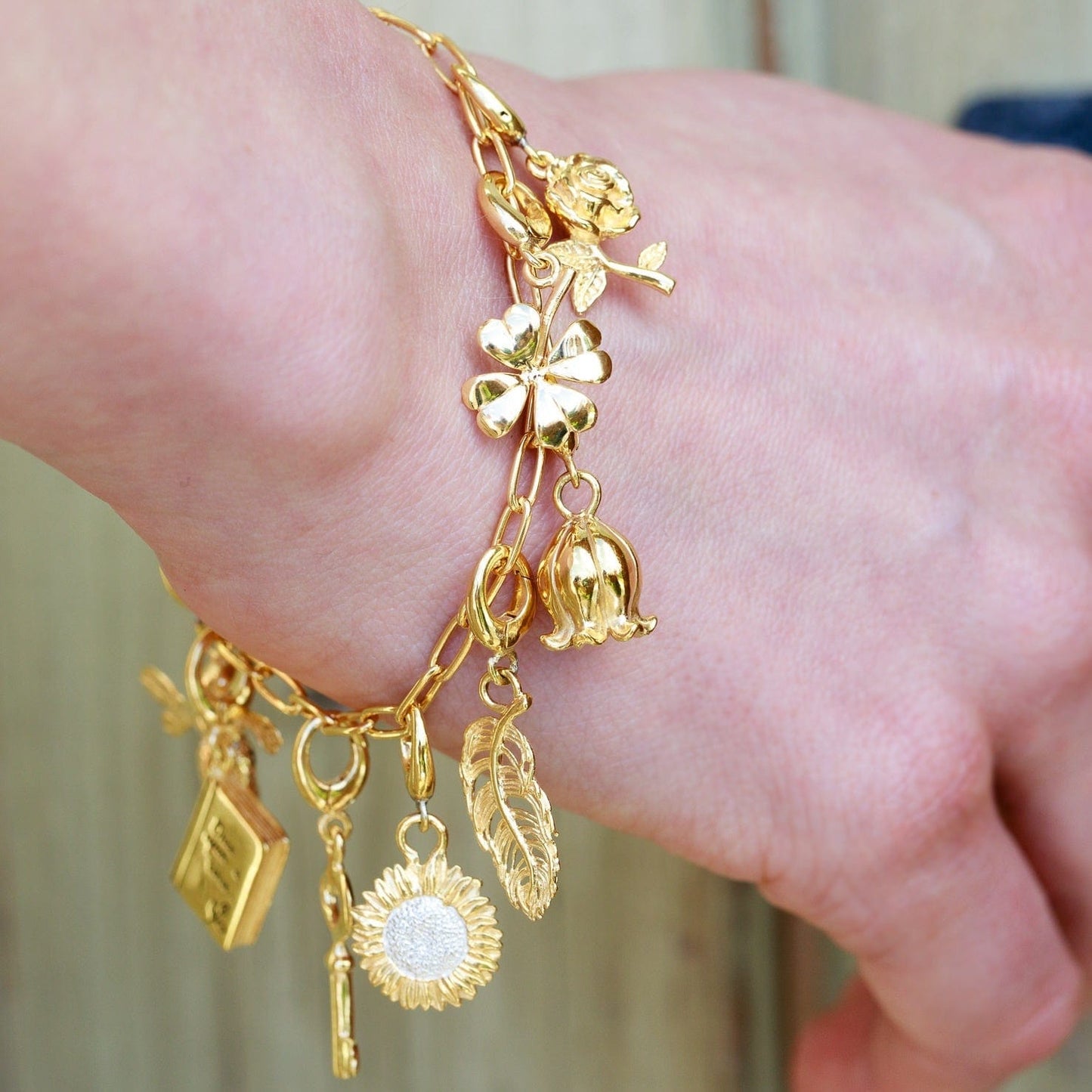 Gold Sunflower Charm on Bracelet  / Flower Charms/ Lily Charmed