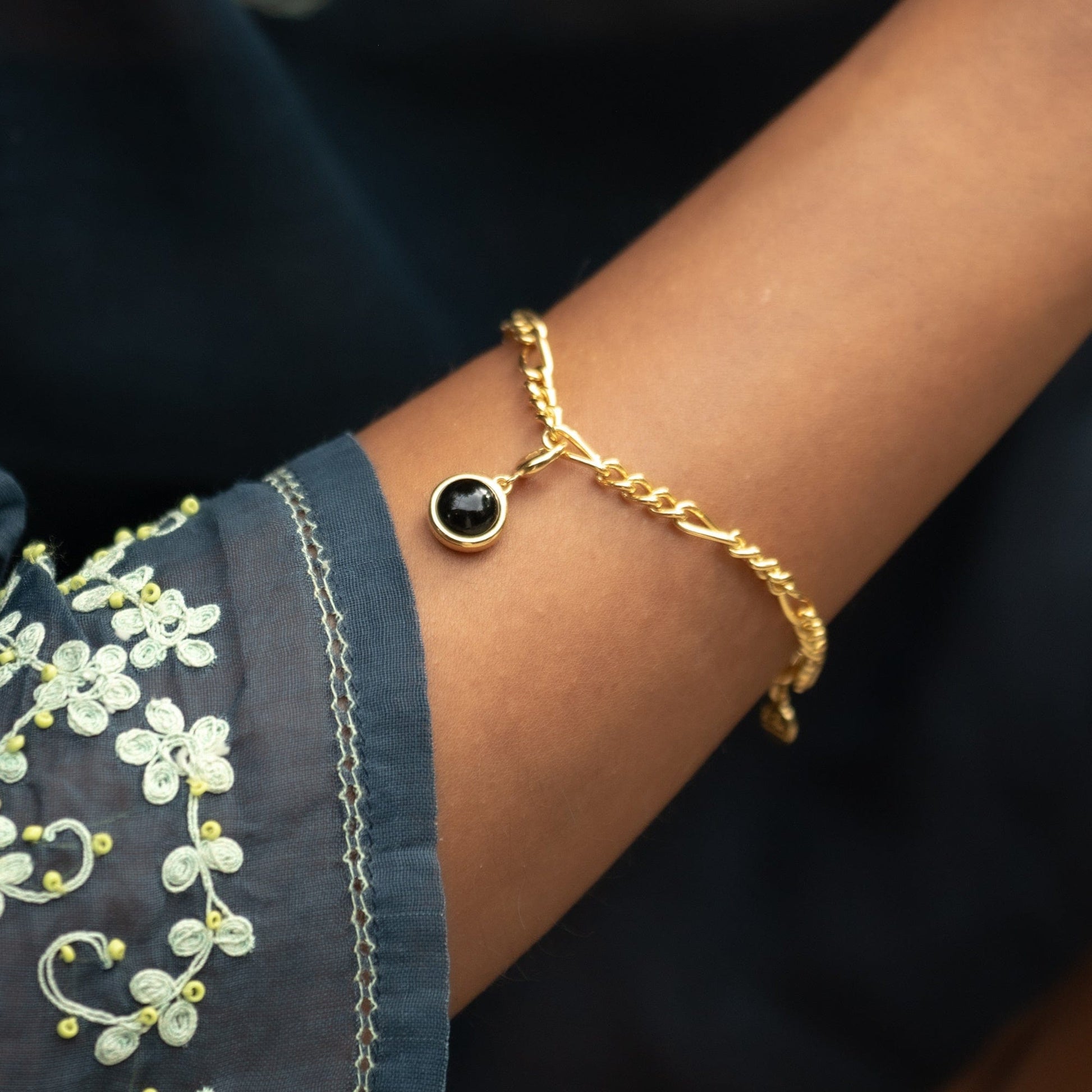 Gold Plated Black Onyx Protection Healing Stone Charm on Bracelet - Lily Charmed