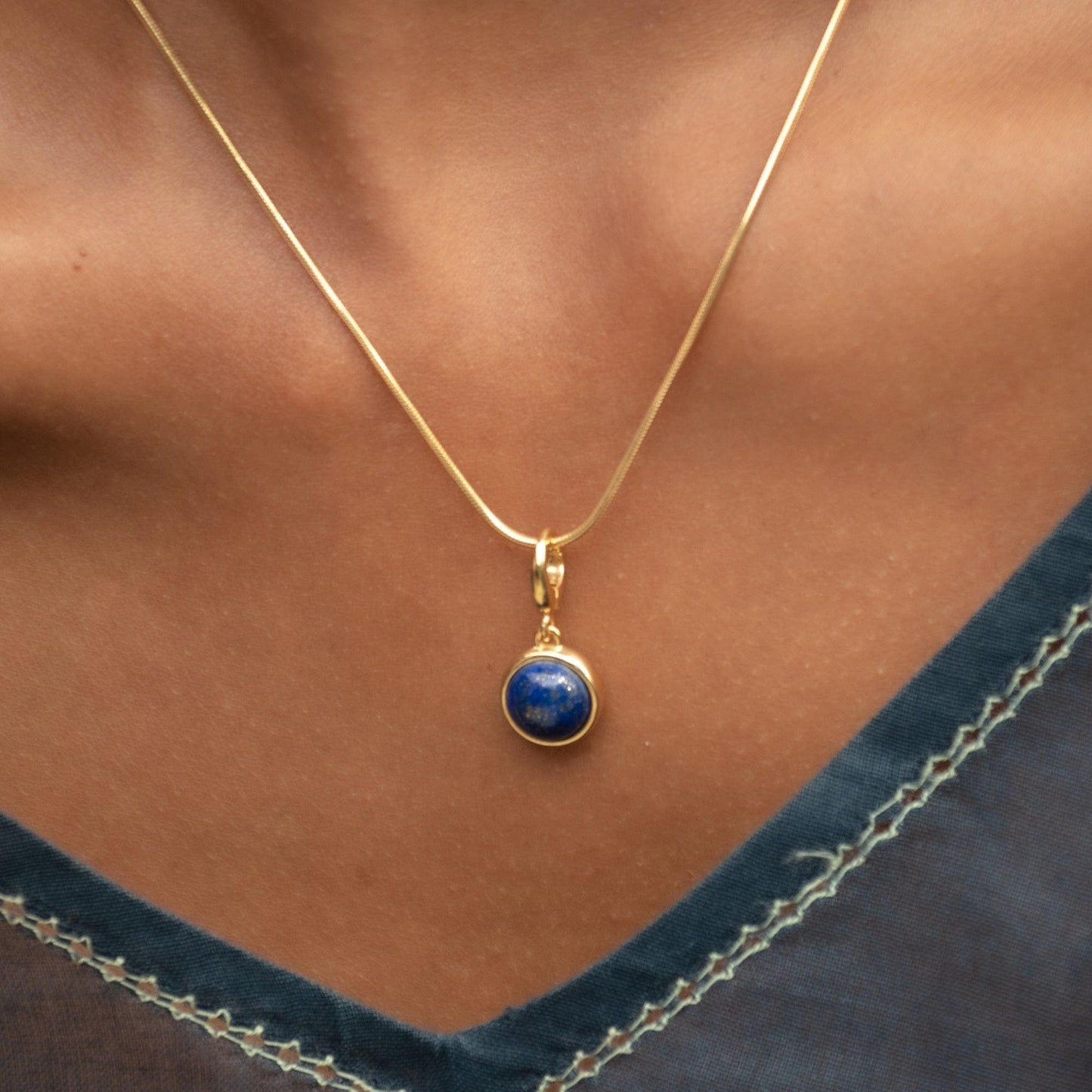 Gold Plated Blue Lapis Wisdom Healing Stone Charm on Necklace - Lily Charmed