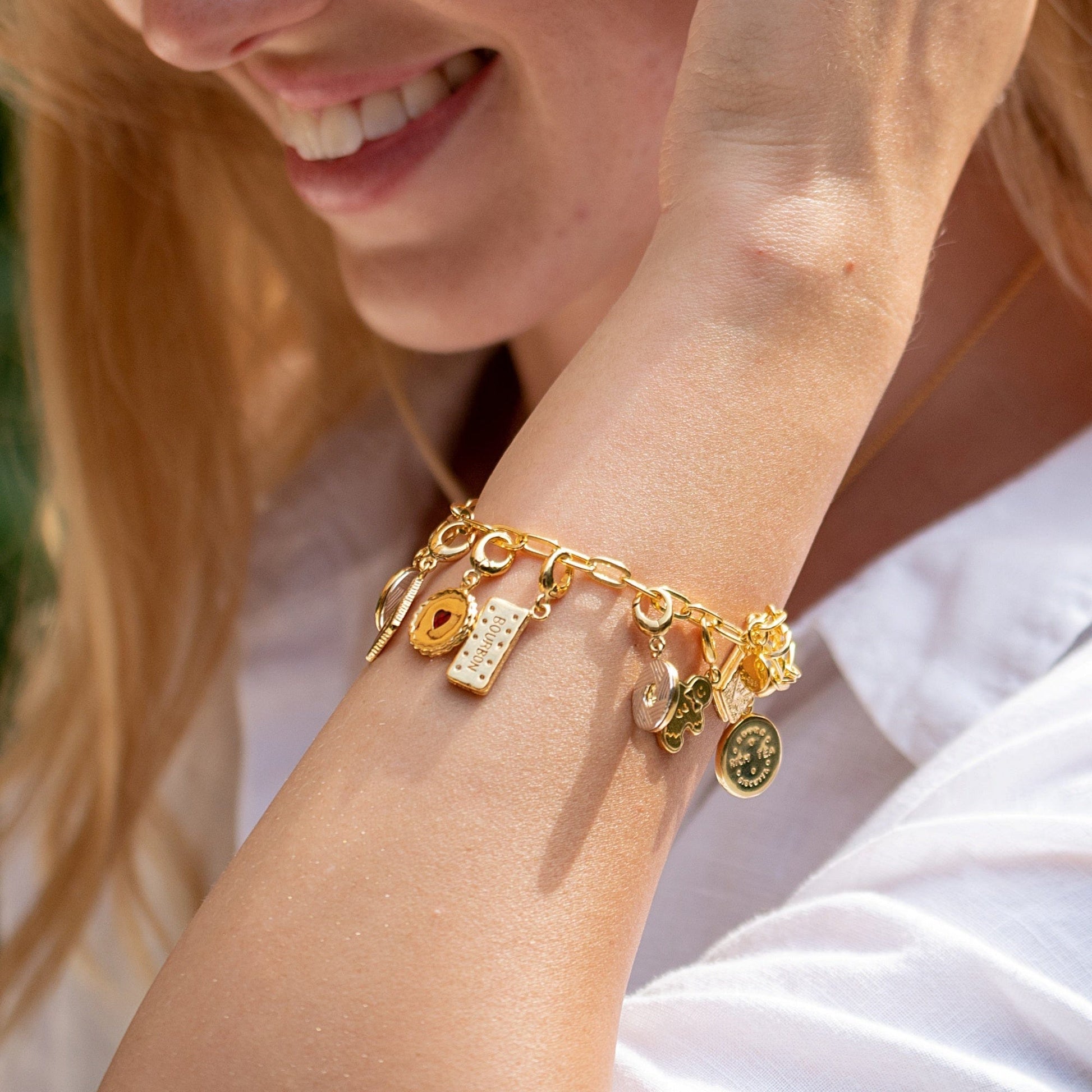 Gold Plated Bourbon Biscuit Charm on Bracelet | Lily Charmed