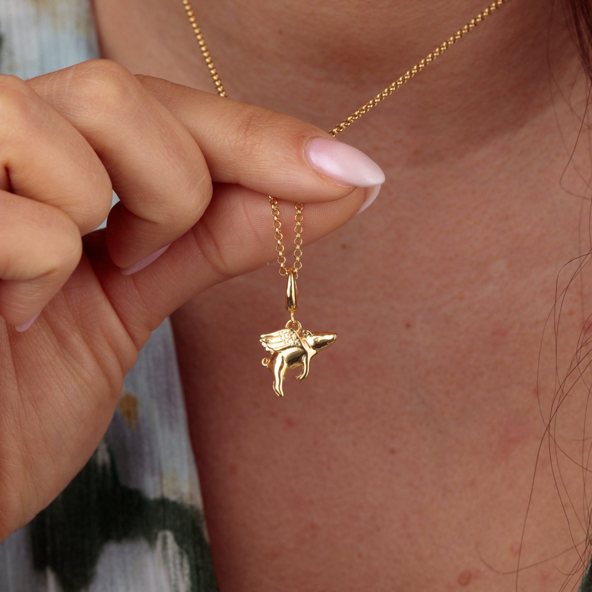 Gold Plated Flying Pig Charm on Necklace | Good Luck Charm | Lily Charmed