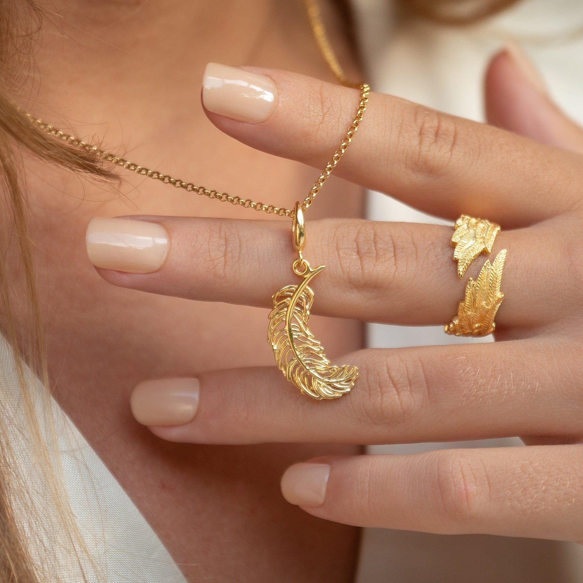 Gold Plated Large Feather on Necklace by Lily Charmed