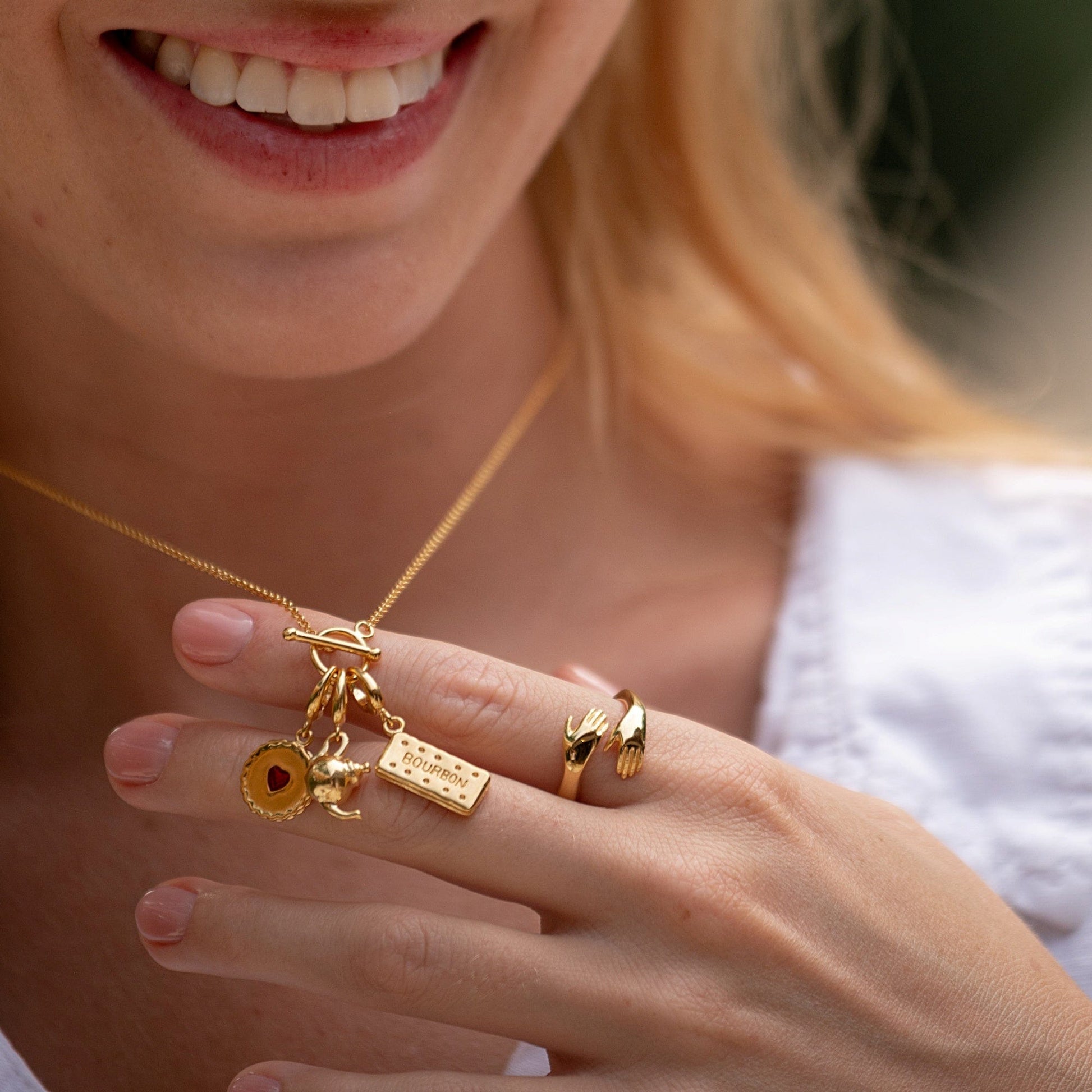 Gold T-Bar Charm Collector Necklace with Biscuit & Teapot Charms | Lily Charmed