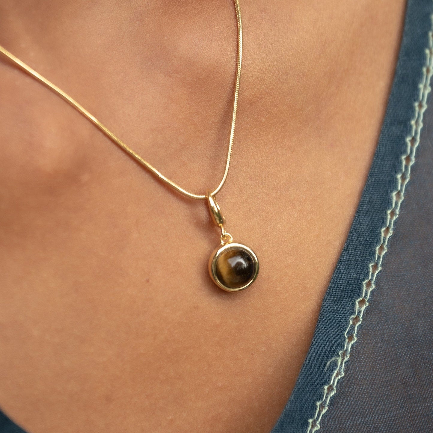 Gold Plated Tigers Eye Courage Healing Stone Charm on Necklace - Lily Charmed