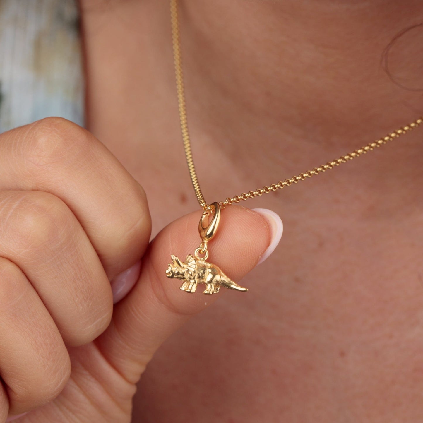 Gold Plated Triceratops Dinosaur Charm on Necklace - Lily Charmed