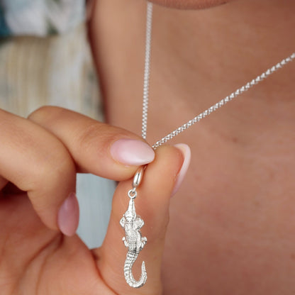 Silver Crocodile Charm on Necklace| Animal Charms | Lily Charmed