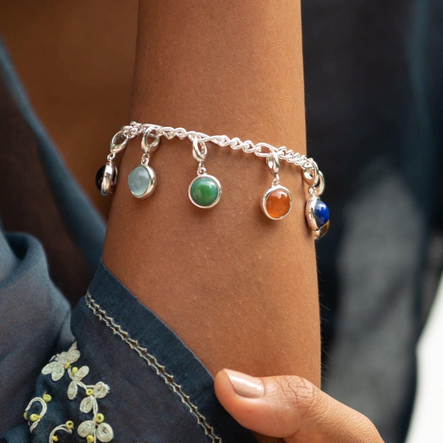 Silver Green Chrysoprase Happiness Healing Stone Charm on Bracelet - Lily Charmed