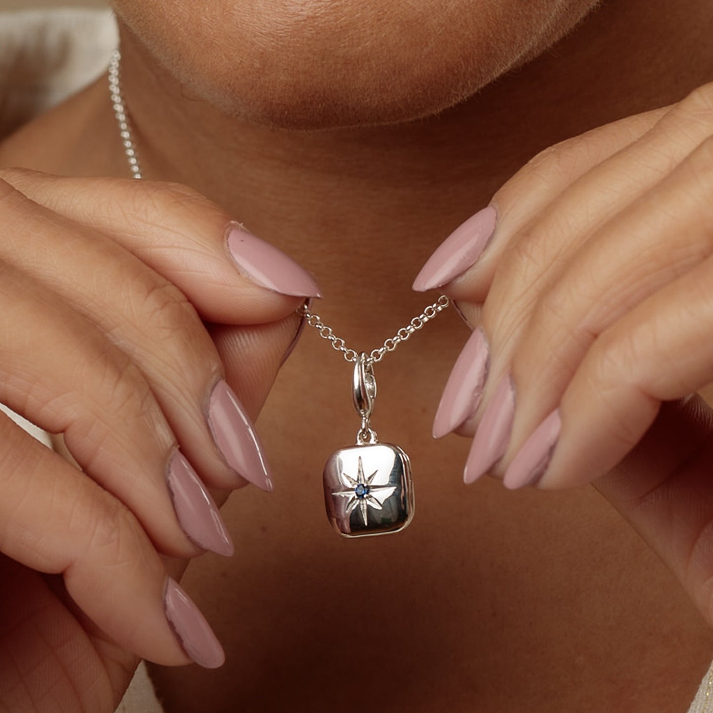 Silver Star Locket Charm with Blue Stone