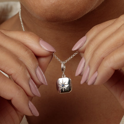 Silver Star Locket Charm with Blue Stone